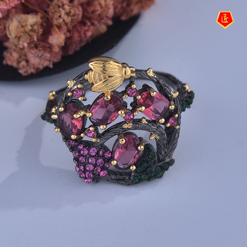 [Ready Stock]New Gothic Style Ruby Bee Black Ring