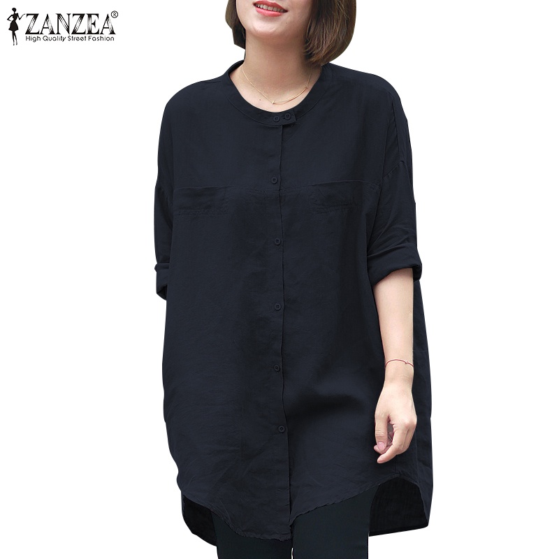 ZANZEA Women Fashion Retro Blouse Plain Crew Neck Full Sleeve Casual Loose Daily Travel Cotton Shirt