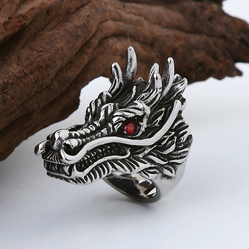 Cincin Desain Kepala Naga Warna Silver Abu-Abu Untuk Pria