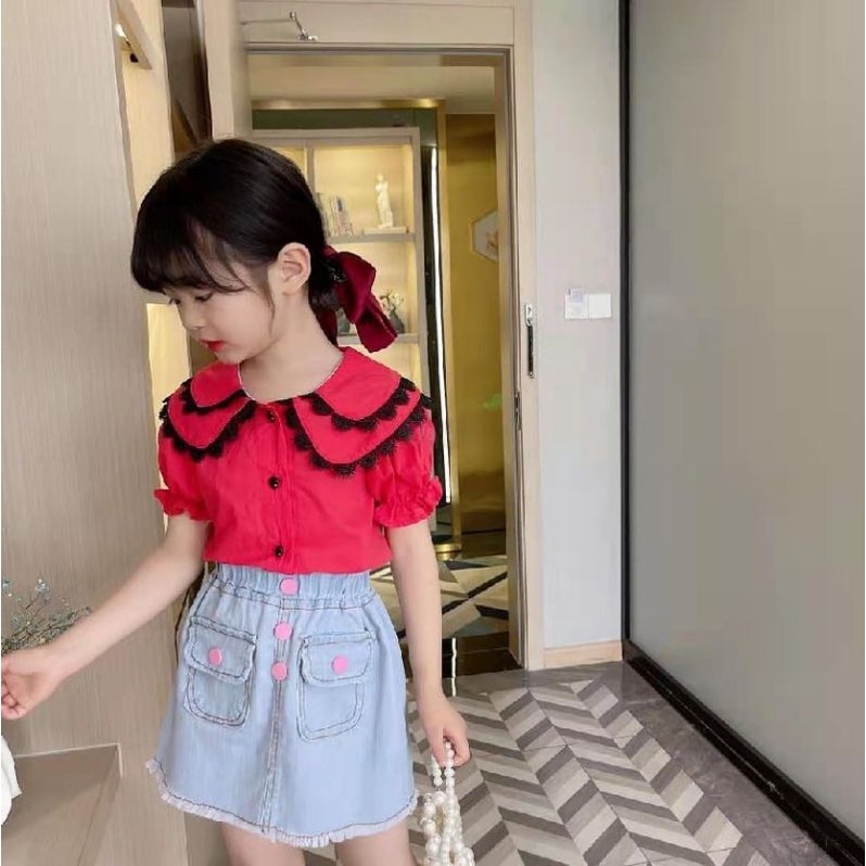 Setelan Rok Anak Perempuan Import Premium Two Renda Bars Denim 2-6 Tahun