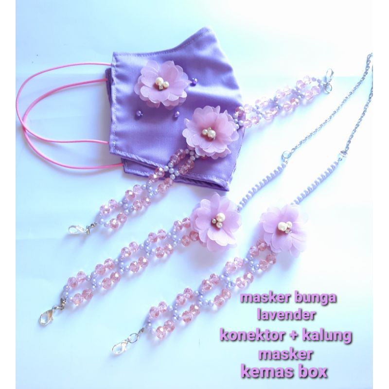 strap masker mewah cantik 1 set dengan konektor hijab dan masker bunga kristal ungu lylac