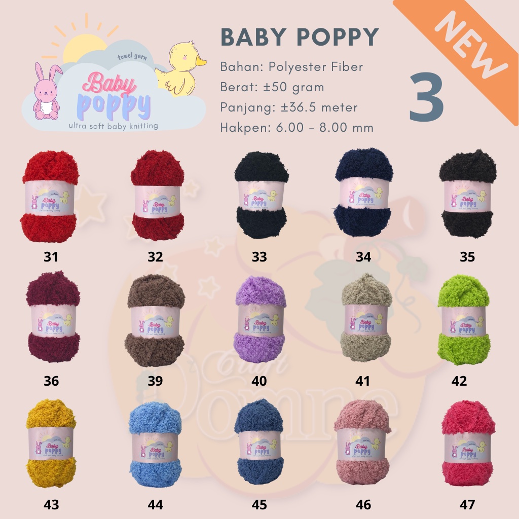 GROSIR BABY POPPY - TOWEL YARN - BENANG RAJUT HANDUK BULU HALUS LEMBUT - MIN 10 GULUNG