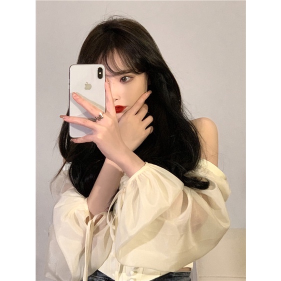 blus korea kemej tulang ikan jahitan kemeja sifon strapping perempuan off-the-shoulder satu bahu pri