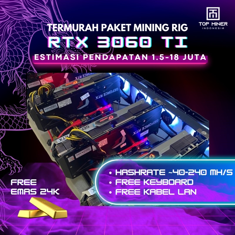 TERMURAH PAKET MINING RIG CRYPTO 1-6 VGA RTX 3060 ti MIX FULL SET MOBO CPU RAM 8 Gb SSD 120GB KEYBOA