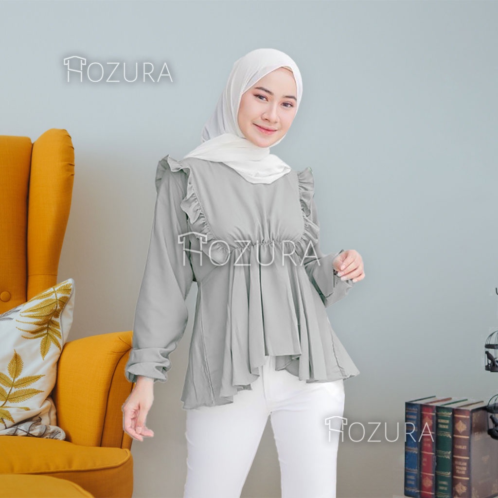 HOZURA - Blouse Dina - Atasan Muslim Wanita - Blus Wanita Muslim Ruffle - Baju Atasan Wanita Salma Blouse Kemeja Rempel Dada Crinkle Blouse Atasan Wanita Polos - Top - Baju Muslim Wanita - Blus Muslim Mewah - Kekinian Murah Gratis Ongkir COD