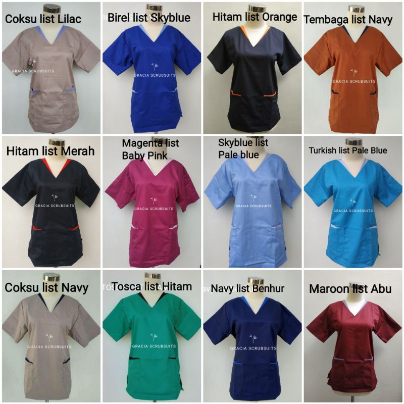 GRACIA SCRUBSUITS - baju jaga / baju oka / scrub / scrubsuits MURAH - LIST WARNA BEDA