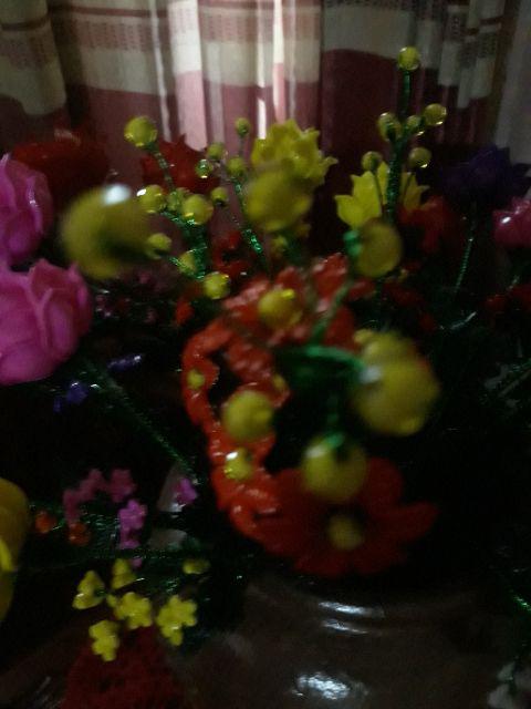 Bunga Akrilik Sakura Merah Putik Kuning Mote Manik Manik