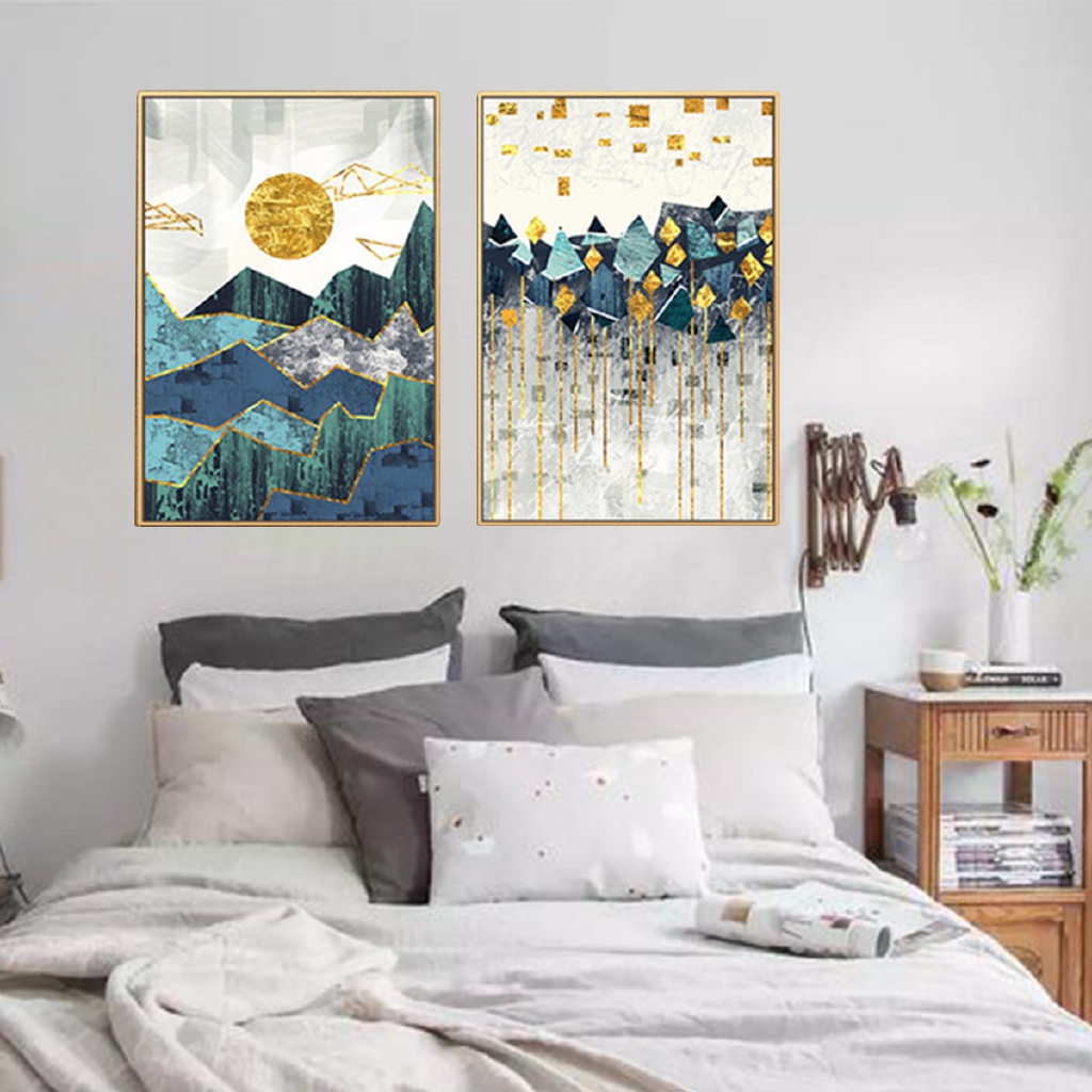 Lukisan Kanvas Desain Pemandangan Gunung Geometri