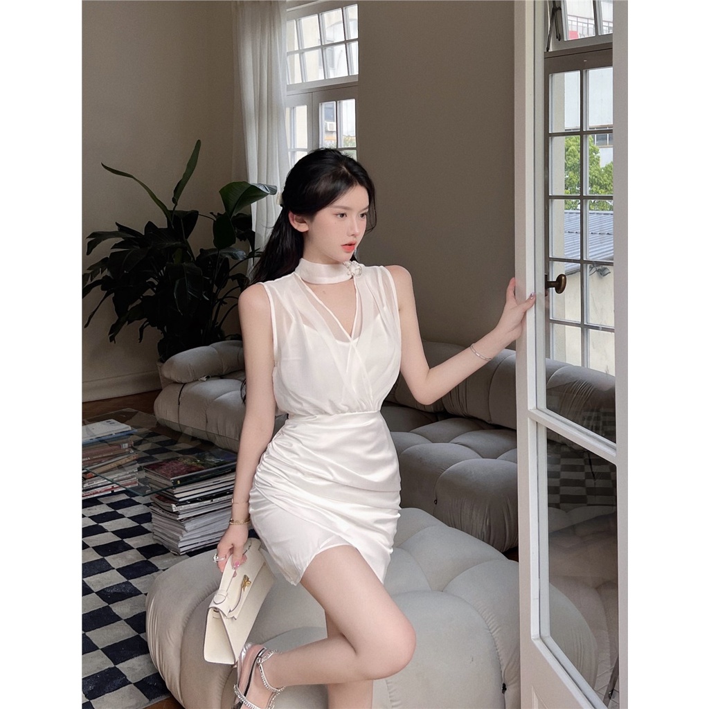 suhao_shop Mini Dress Hepburn Style White Mesh Satin Tanpa Lengan Gaun Wanita Musim Panas Murni Keinginan Gadis