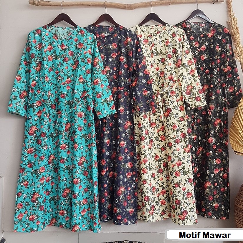 baju gamis Katun Jepang Motif Rasti, Bunga, Etnik, Retro, Polkadot, Vintage best seller-Mawar Hitam