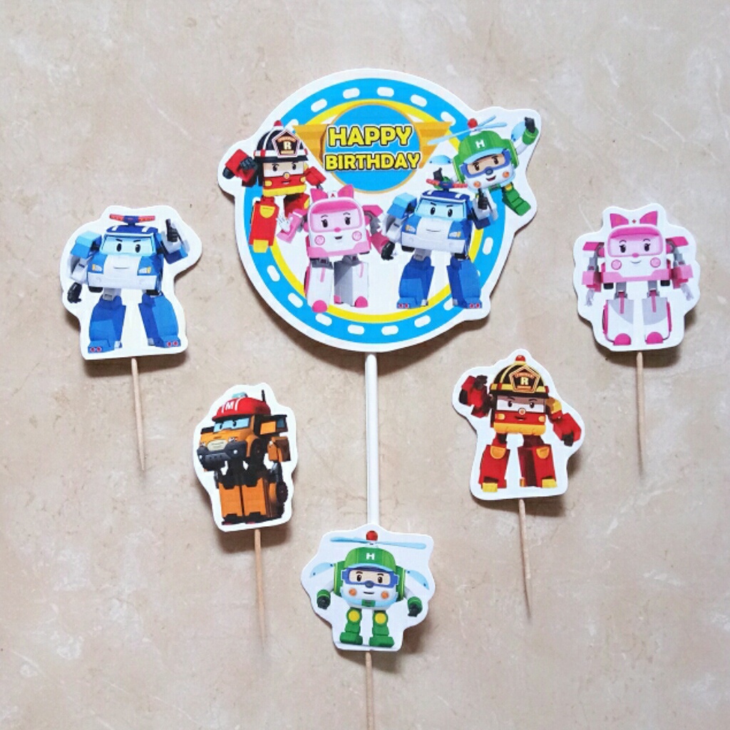 satu set cake topper hiasan kue ulang tahun karakter robocar poli