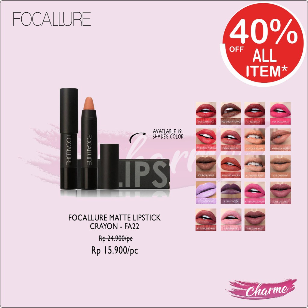 (READY &amp; ORI!) Focallure 19 Colors Warna Matte Crayon Lipstick FA22 FA 22 paket ombre viral lipmatte lip crayon 07 b