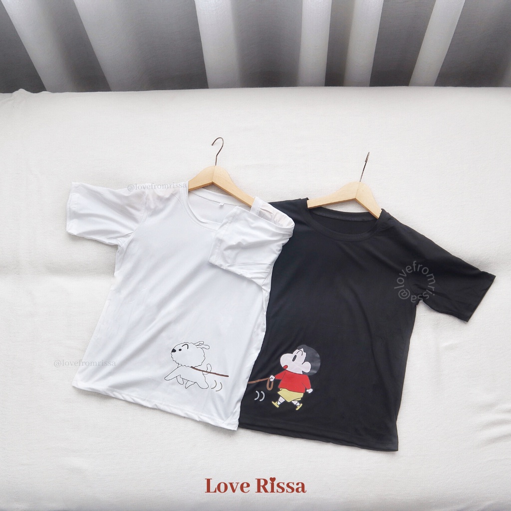 Kaos Tshirt Couple Shinchan Shiro Unisex Atasan Korean Street Baju Lengan Pendek Love Rissa