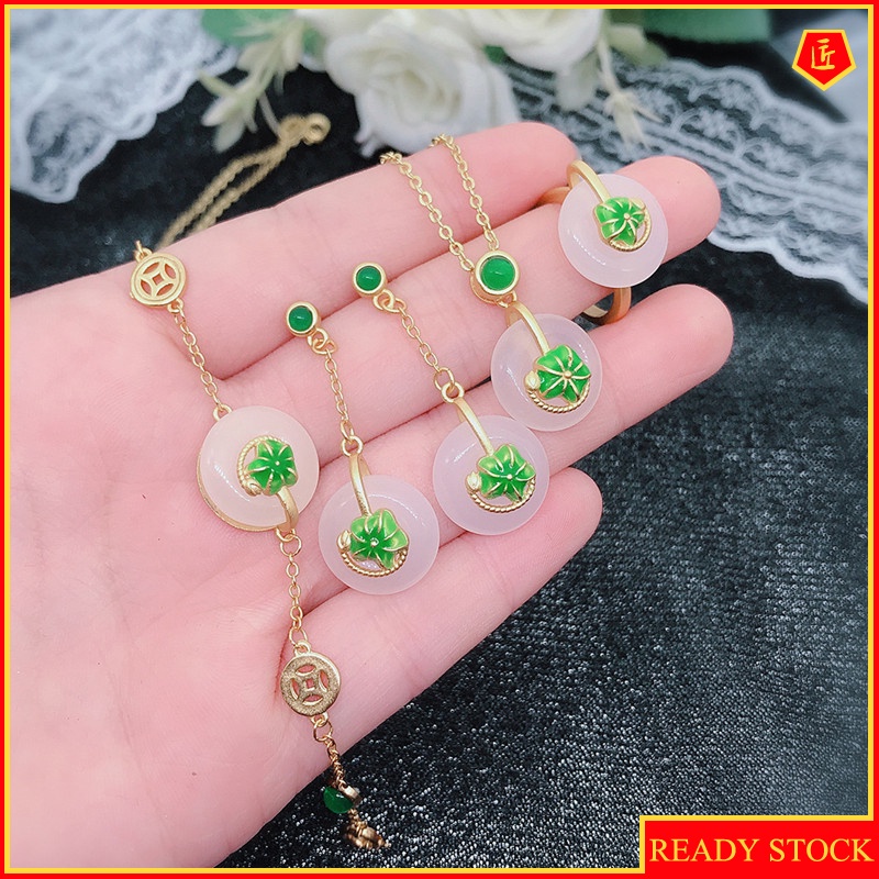 [Ready Stock]Lotus Inlaid Hetian Jade Earrings Pendant Ring Bracelet Set