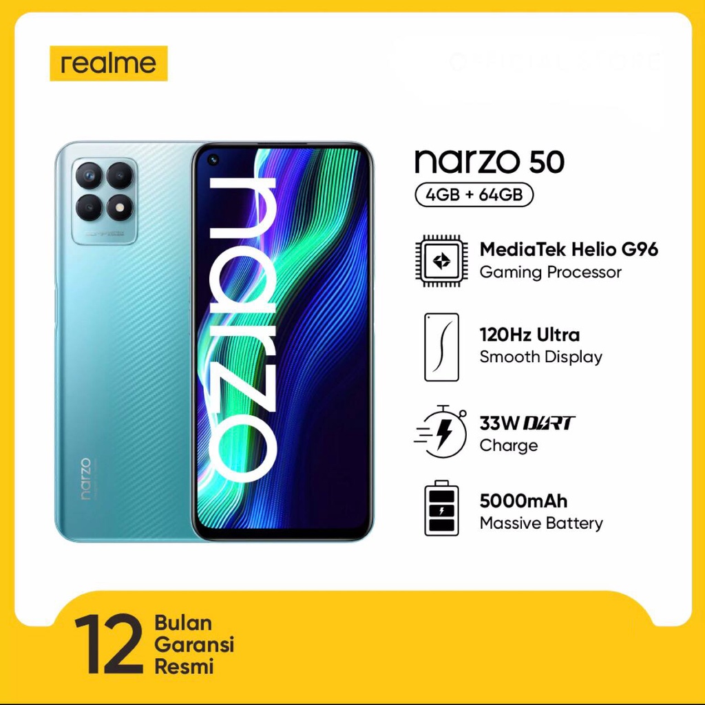 Realme Narzo 50 [4GB +64GB] Helio G96 - 50MP Triple Camera - 6.6&quot; IPS LCD- 5000mAh Li-Po Garansi Resmi Realme 1 Tahun