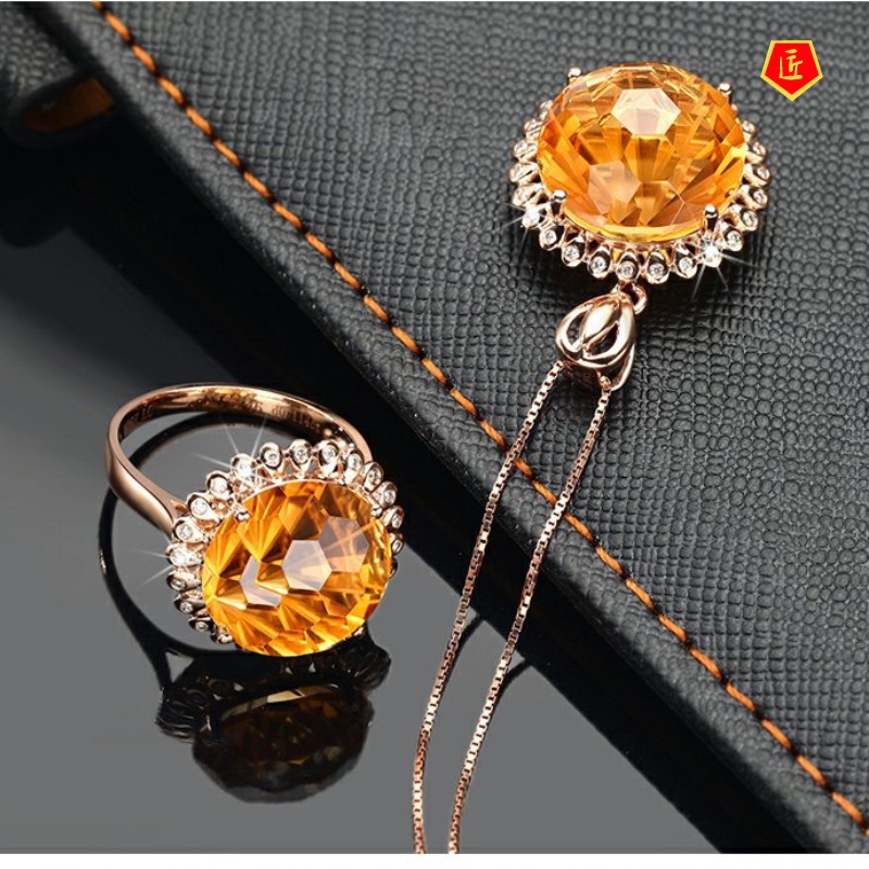 [Ready Stock]Colored Gems Citrine Ring Set Rose Gold Pendant