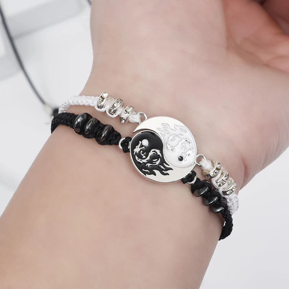 Unisex Hitam Putih Anyaman Gelang Kekasih Gelang Tai Chi Retro Yin Dan Yang Paduan Liontin Kalung