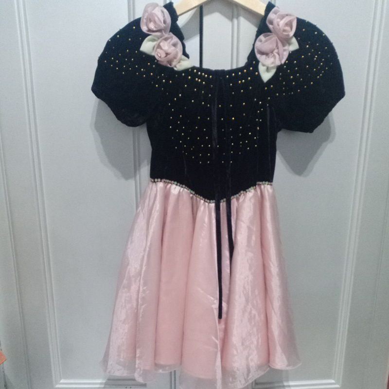 Gaun Pesta Anak Super Premium Mewah Peach Bludru Hitam