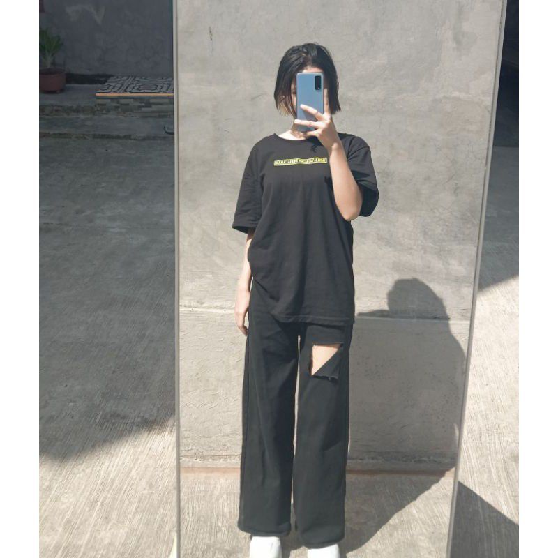 Celana Jeans Panjang Baggy Repped Jins Wanita Highwaist Sobek Hitam Snow biru