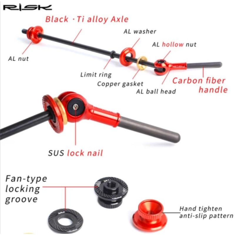 Risk Quick Release Titanium Alloy Carbon QR Sepeda Roadbike QR Sepeda MTB Merah