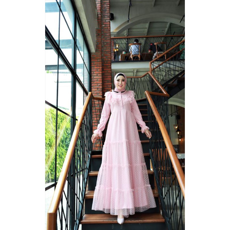 Adila Dress - Gamis Mosscrepe lapis Tile Dot - Gamis Pesta - Gamis Cantik