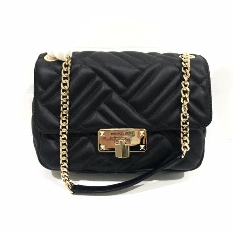 TAS MICHAEL KORS PEYTON LARGE MEDIUM FLAP SHOULDER QUITED LEATHER BLACK AUTHENTIC