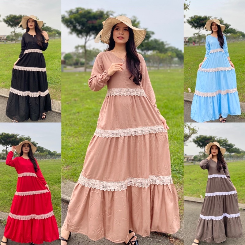 gamis rayon polos renda busui basic homedress