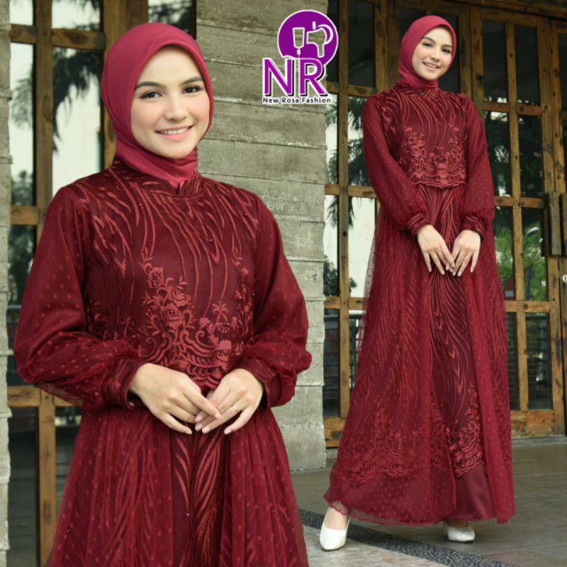 Gamis TDR01 Maxi Aulia Tutu / Gamis Brukat Pesta / Gamis Rompi Brukat Tile Bordir Mix Tile Dot Mix S
