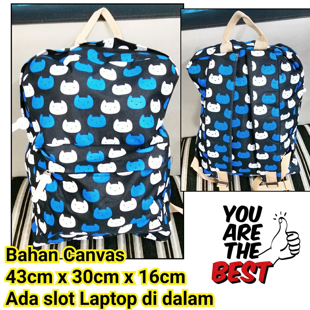 tas Ransel canvas polcadot cat hitam