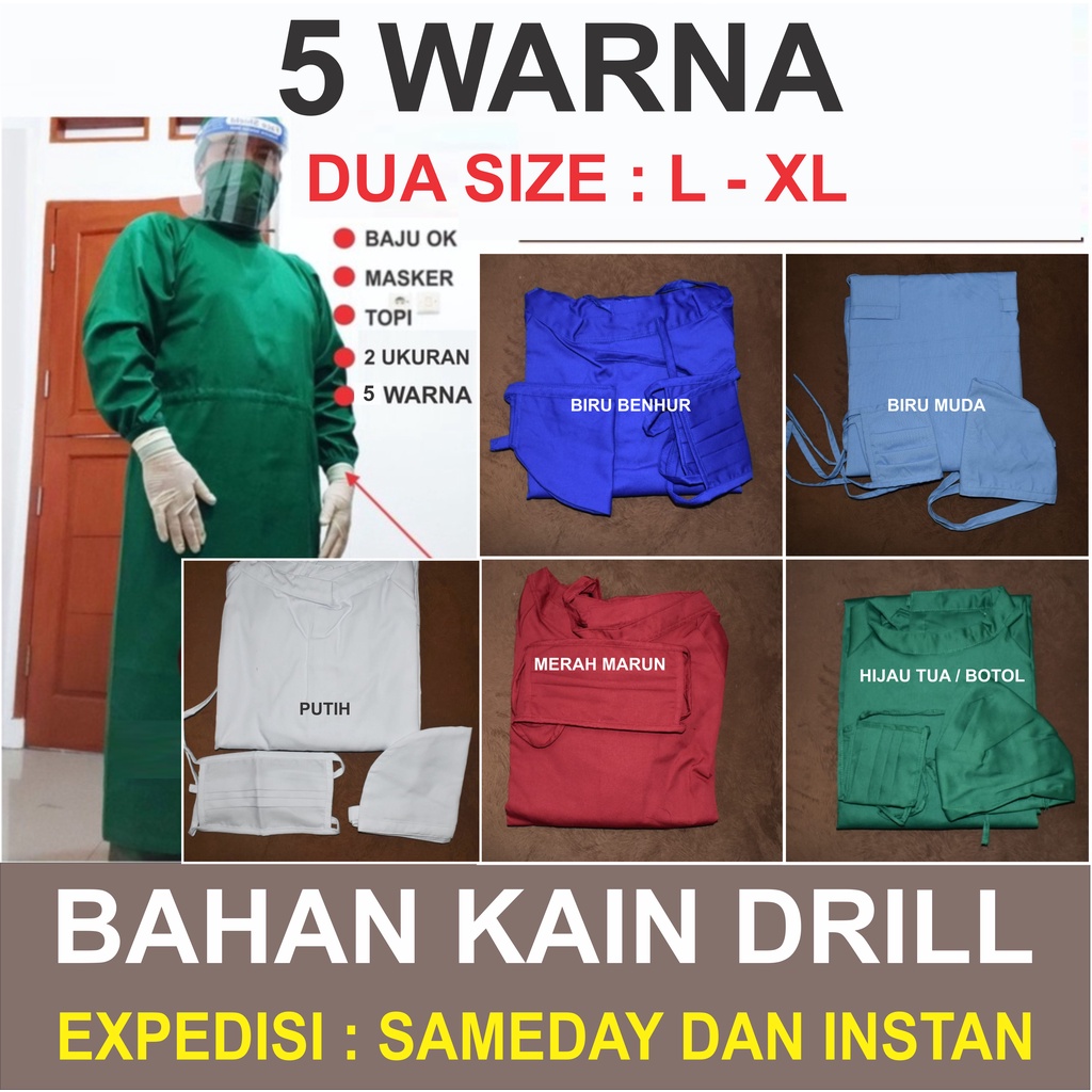 Gown Medis - Bahan Drill - Banyak Warna - Seragam Perawat - Medis - Kesehatan - Alat medis lainnya
