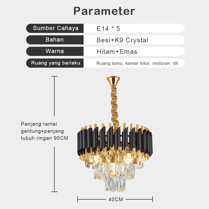 ⭐Garansi Hadiah⭐Lampu Gantung Kristal Chandelier Gold Black Gaya Nordik Minimalis Modern 40cm Lampu Hias Gantung