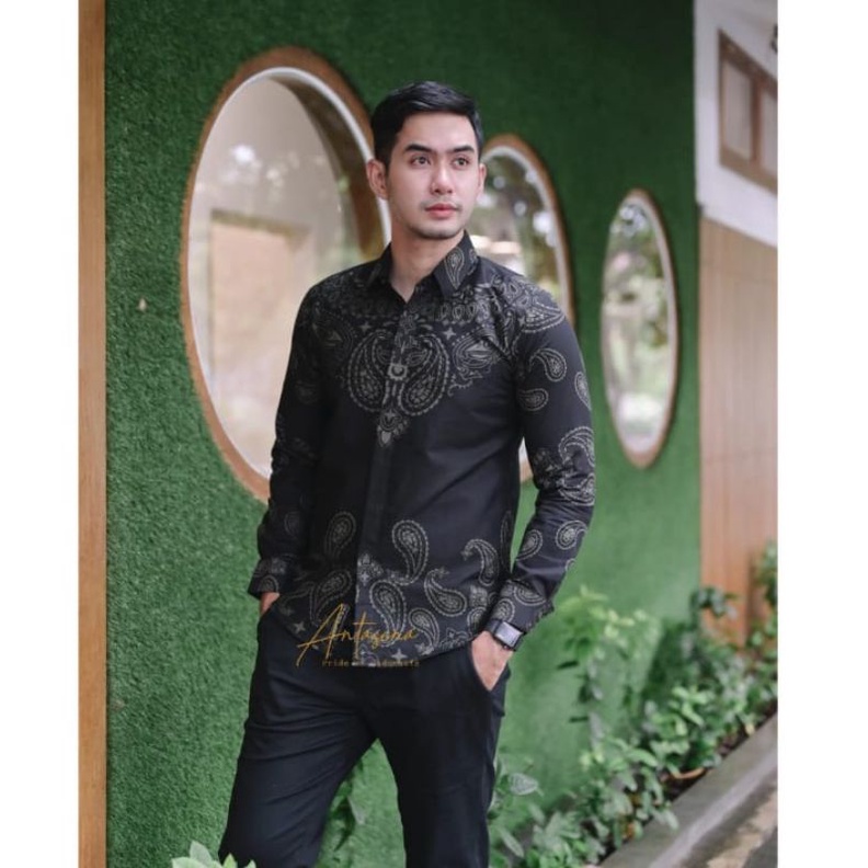 cacing ijo kemeja batik pria SLIMFIT modern lengan panjang