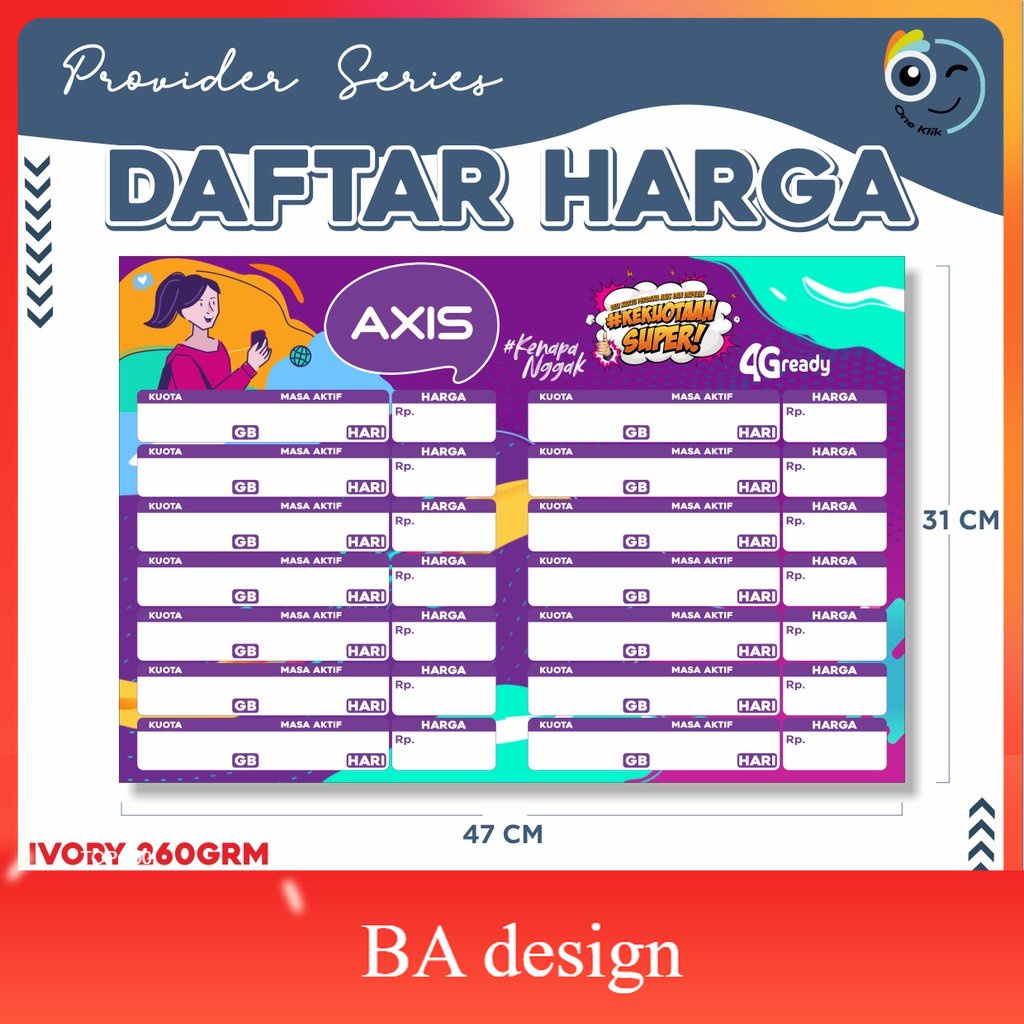 Poster Konter Daftar Harga Paket Data / Poster Paket Data Konter / Poster Provider Ivory 260 - BA De