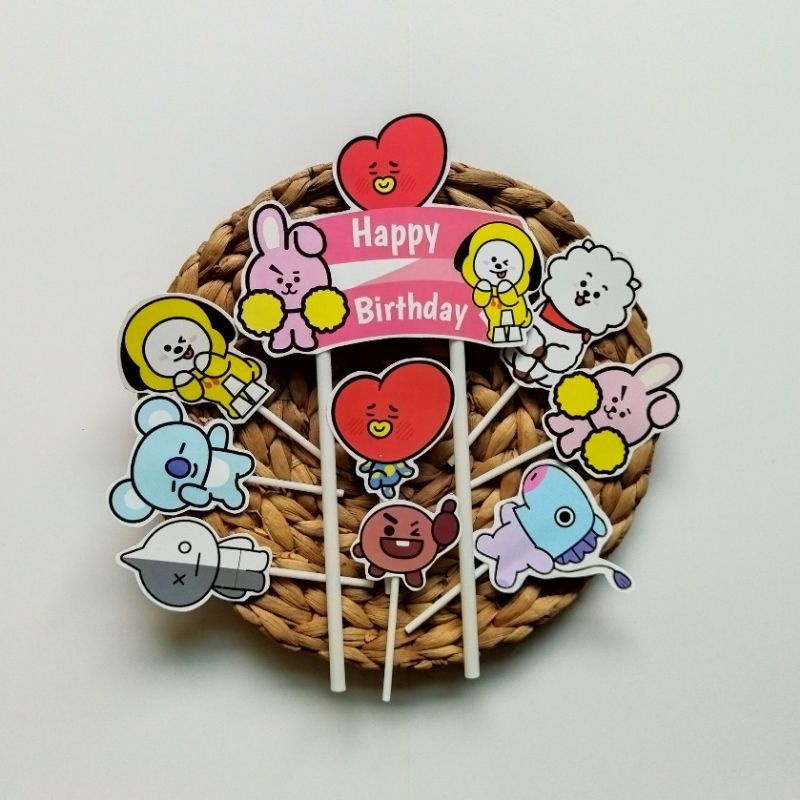 1 set topper toper hiasan tusukan kue cake nasi tumpeng ulang tahun happy birthday karakter bt21 bt 