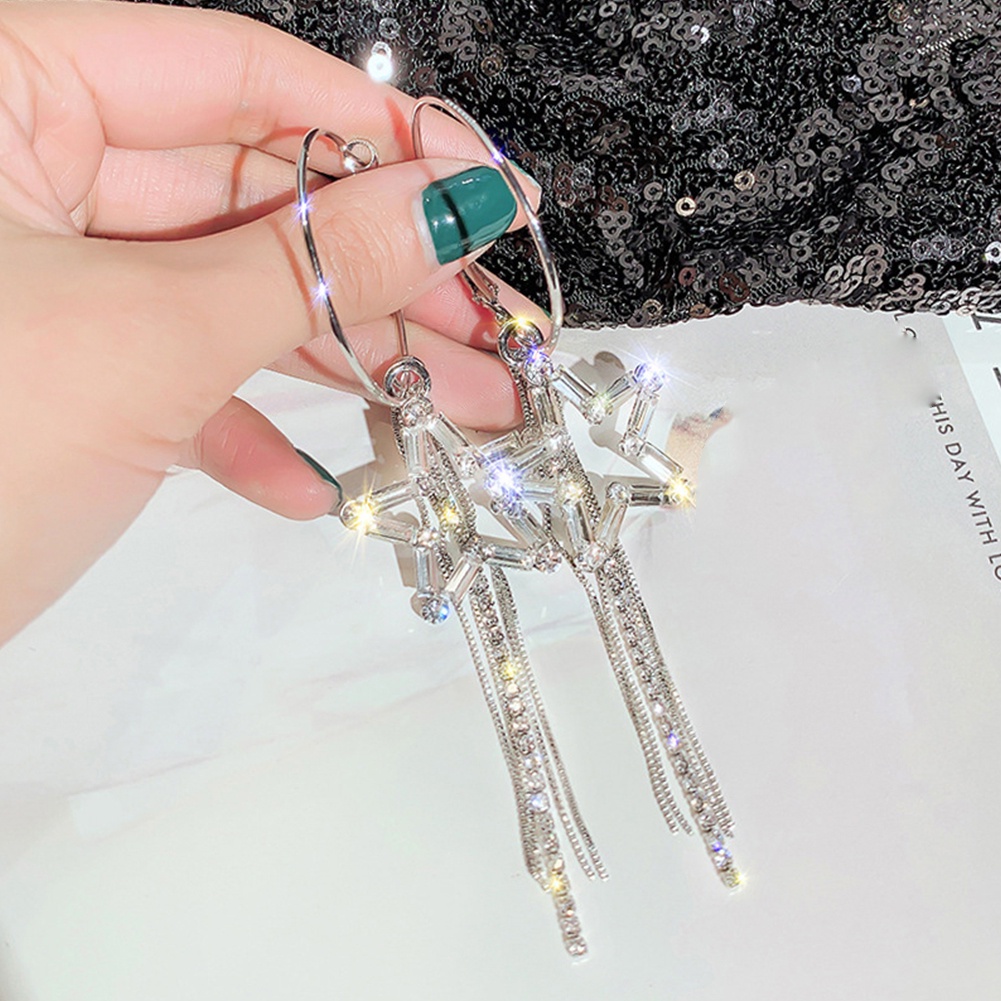 Hu Hu Hu Hu Hu Alat Bantu Pasang Kacamata♡ Anting Tusuk Gantung Wanita Desain Bintangrumbai Hias Berlian Imitasi Untuk Hadiah