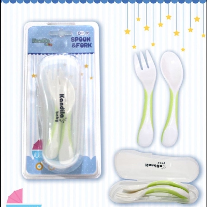 KANDILA SPOON SET  Sendok Makan Bayi isi 2 Lentur Sendok MPASI - Kandila Sendok Garpu Makan Anak Bayi dengan Box Penyimpan Spoon Fork Set Traveling - Kandila Sendok Silikon Bayi dengan box Penyimpan Gigitan Sendok Bayi