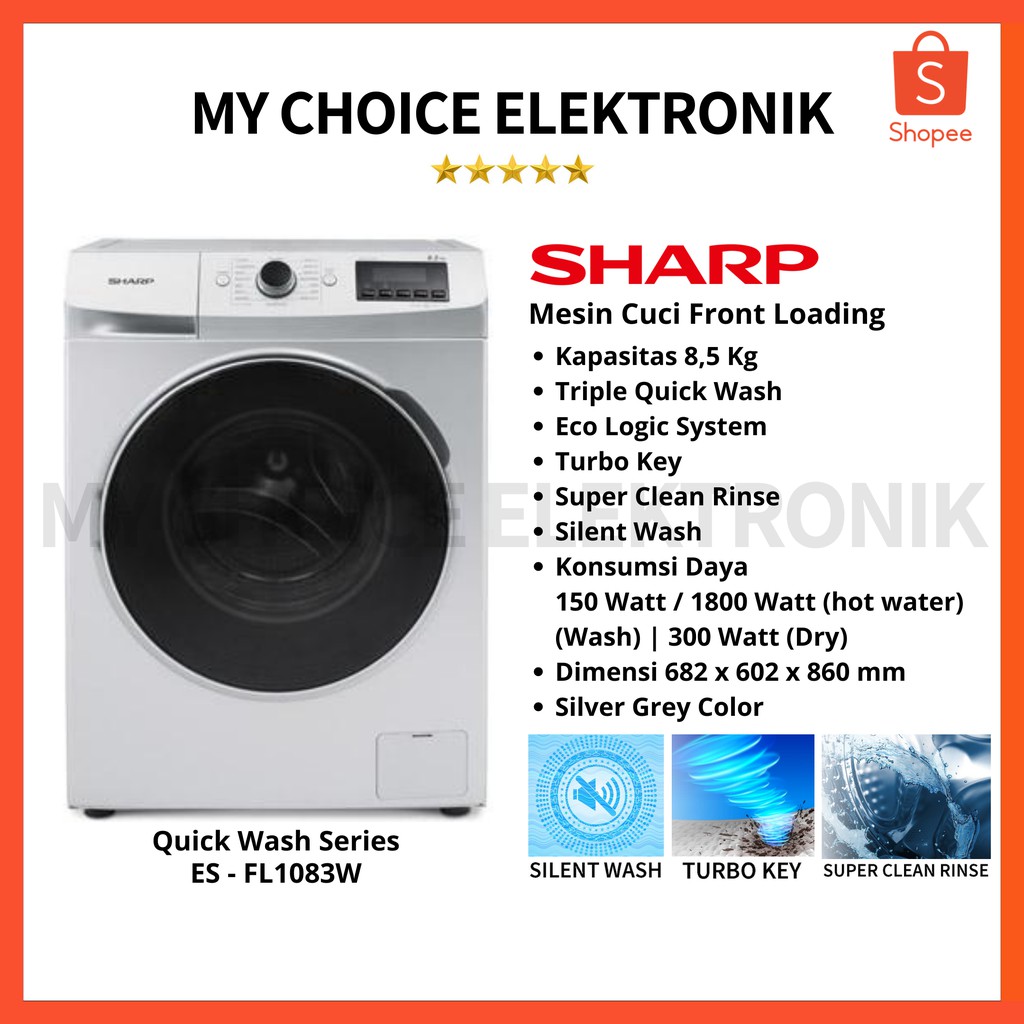 SHARP ES-FL1083W MESIN CUCI FRONT LOADING 8.5kg / ESFL-1083 W / ES-FL 1083 W