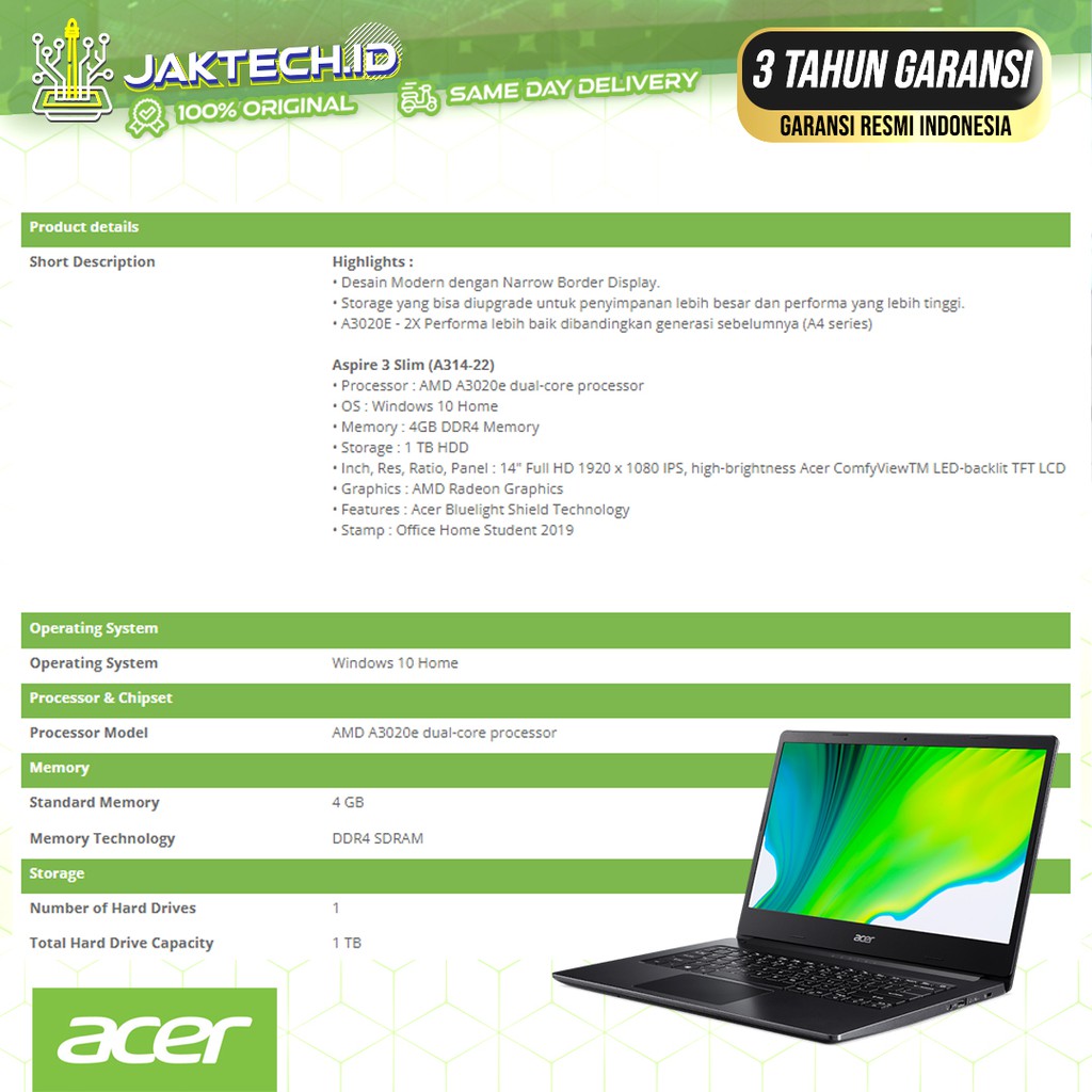 ACER Aspire 3 Slim A314-22 AMD Athlon A3020e 4GB HDD 1TB WIN10+OHS (14&quot;)