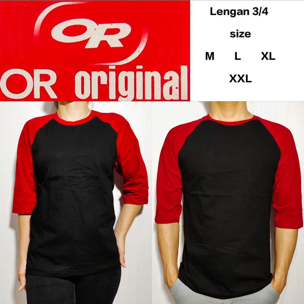 Kaos Polos Reglan Hitam Lengan Merah 3/4 size M L XL XXL