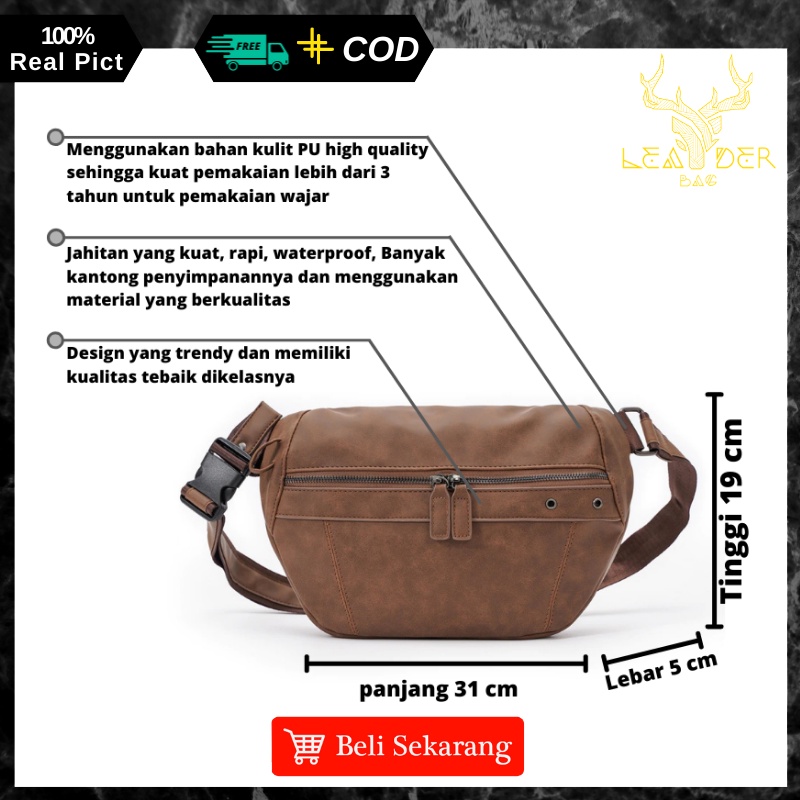 Tas Selempang Kulit Pria Import Original Waterproof Warna Coklat Waistbag Tas Pinggang Kulit Cowok Distro Ori Keren Trendy Model Terbaru LANGHAM A36