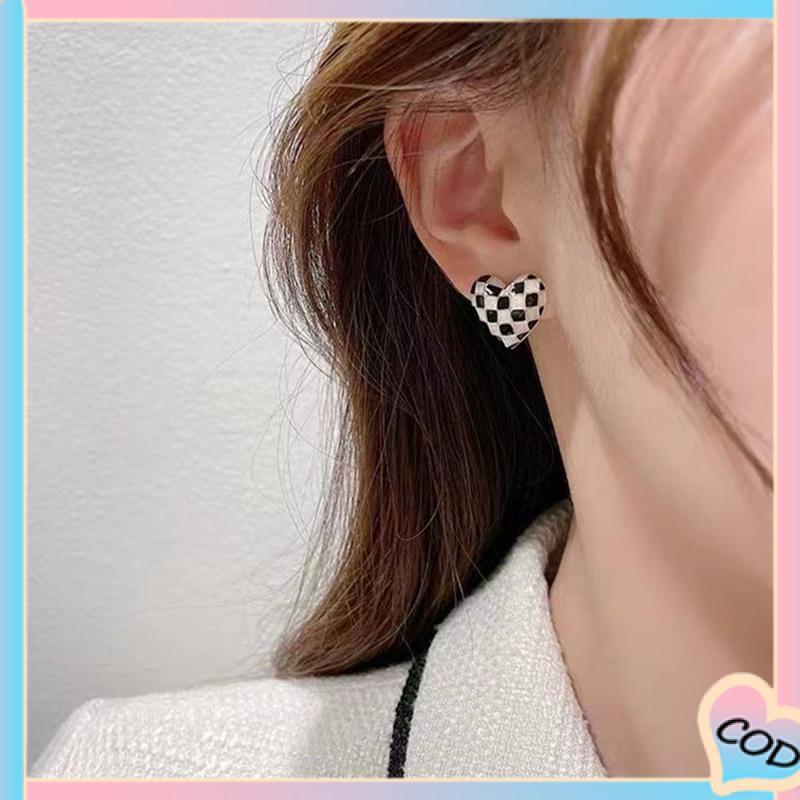 COD❤️ Anting Kotak-kotak Cinta Persik Hati Tiga Dimensi Anting Sederhana untuk Semua Wanita-A.one