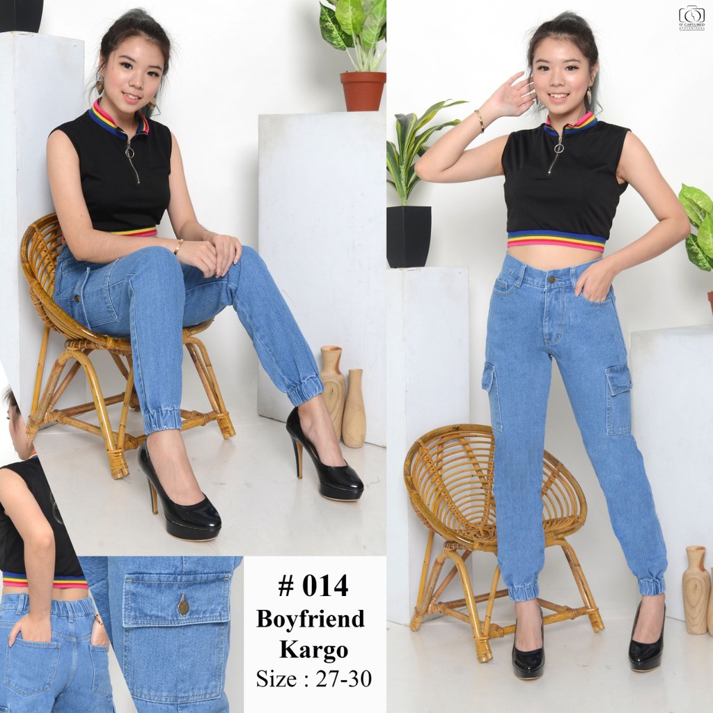 MC girl Celana Jeans Boyfriend Panjang Pinggang Karet / Cargo Jeans Panjang