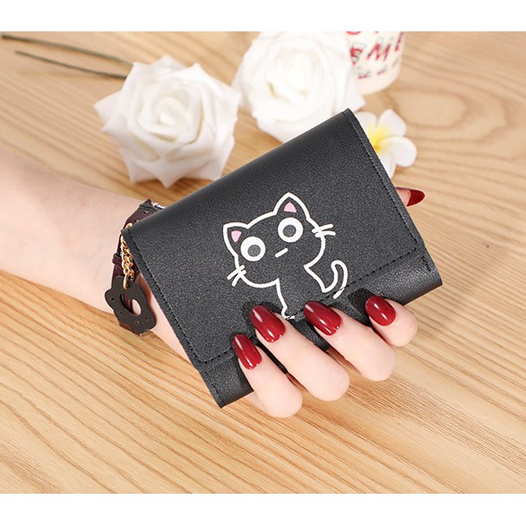 W15 Dompet Wanita Mini Happy Cat Perempuan Cewek Lucu Kantong Koin Kartu Uang Foto Cantik Women Wallet Kulit PU Leather Hitam Lipat Kecil Panjang  Sapi Korea Pria Cowok Laki Laki Cowo Import Premium Murah Tas Dompet Wanita Import Cewe Cantik Lipat