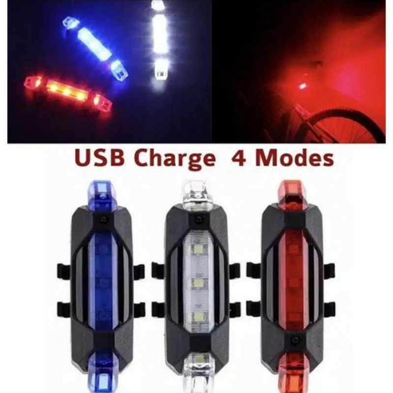 Lampu LED sepeda belakang hias rgb merah kelap kelip recharge portable waterproof 4 mode