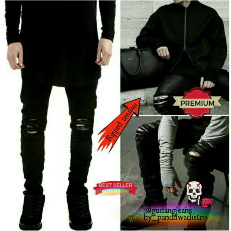 CELANA SOBEK PRIA RIPPED JEANS ROBEK SLIMFIT PENSIL SKINNY STRETCH DENIM HITAM PREMIUM 27-38