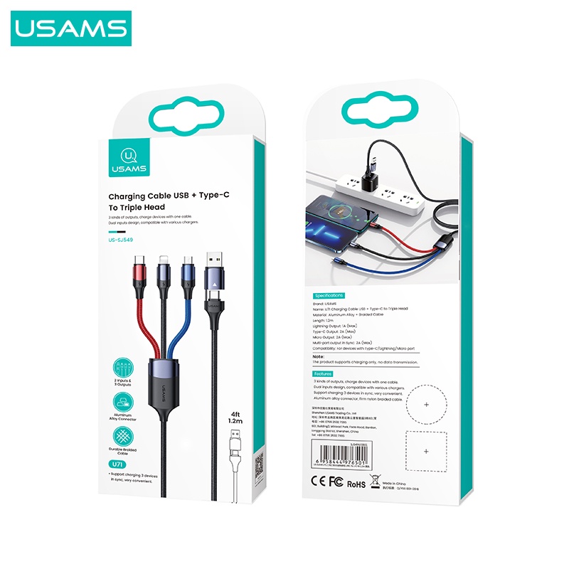 USAMS U71 Kabel Charging USB + Type-C to Triple Head 3A (Max)