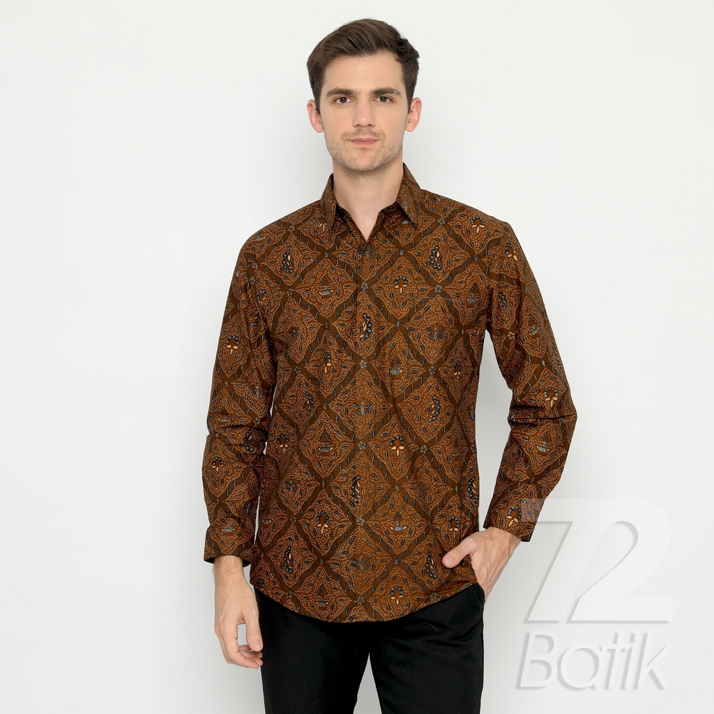 KEMEJA BATIK PRIA Slimfit Lengan Panjang Premium Motif Sidomukti Sogan Klasik Tradisional Jarik Coklat 724251 Cap 72