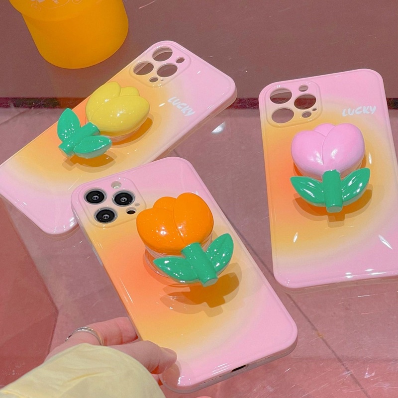 Pinky Orange Softcase With Tulip Holder for Case HP Lucu for iphone XS Max XR 11 Pro Max 12 Pro Max 13 Pro Max