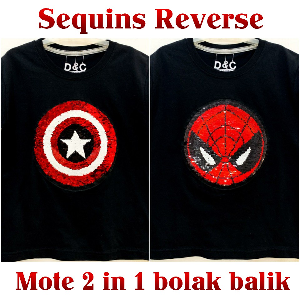 Kaos Anak Spiderman Captain America Sequin Reverse Mote Payet Bolak Balik | Kaos Karakter Anak Laki-1