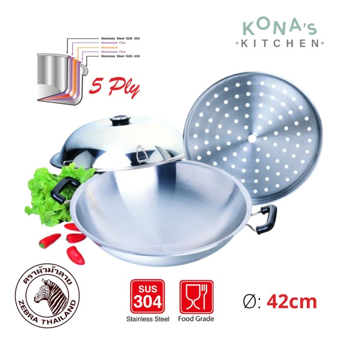 Zebra 5 Ply Wok 42 Cm With Steaming (176202) / Wajan Multifungsi
